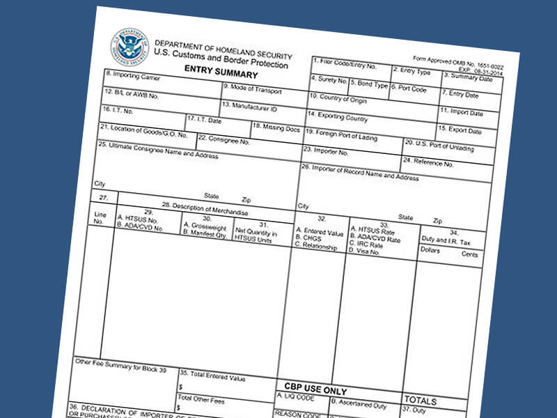 An illustration depicting CBP form 7501, also known as the entry summary.