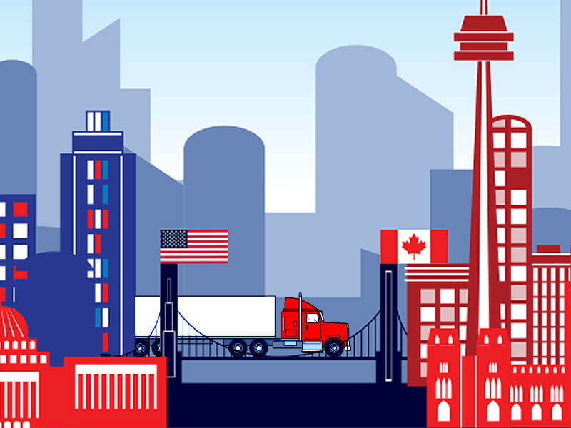 An illustration depicting a semi truck crossing the US/Canada border