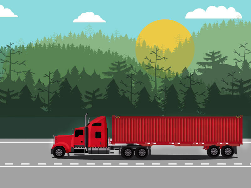 An illustration depicting a red semi truck and trailer in profile driving past a wooded area.