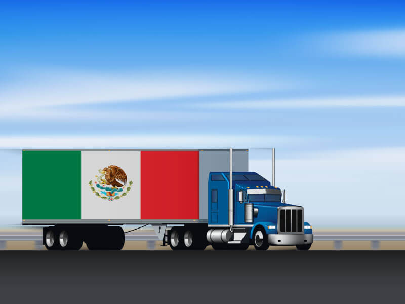 An illustration depicting a semi truck with a trailer adorned in the colors of the Mexican flag.