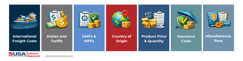 A digital image depicting supporting iconography for a list of fees associated with calculating landed costs. The fees listed are as follows:
International freight costs
Duties and tariffs
Harbor maintenance fees (HMFs) and merchandise processing fees (MPFs)
Country of origin
Product price and quantity
Insurance costs
Miscellaneous fees related to getting your shipment from its origin point to its port of destination in the US