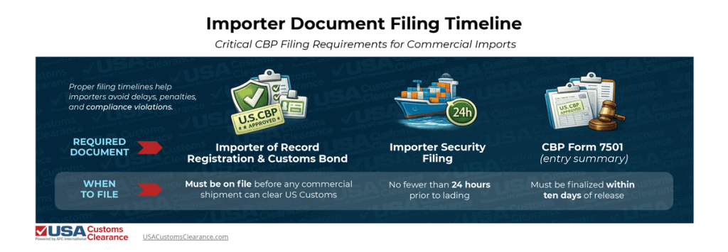 An image displaying the timeline for filing import documents with CBP prior to and during the shipping process. The information contained in the graphic reads as follows

Importer of Record registration and customs bond
Must be on file for any of your commercial shipments to clear US customs
Importer Security Filing 
No fewer than 24 hours prior to lading
CBP Form 7501 (entry summary)
Must be finalized within ten days of release