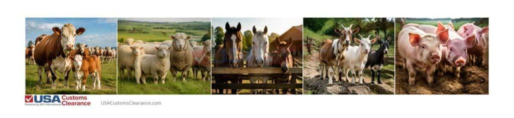 An image displaying animals whose meats are regulated by FSIS: They are listed as:
Cattle and calves
Sheep (ovines)
Horses, mules, and other equines
Goats
Swine (pigs)