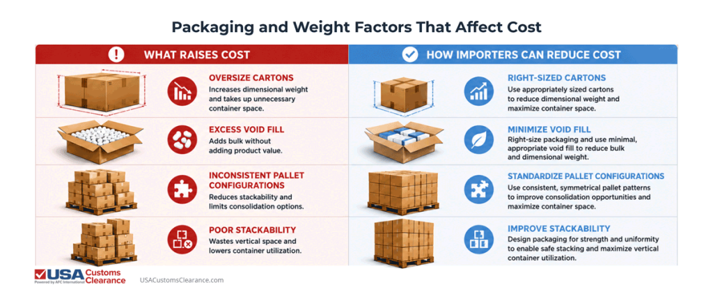 An image titled "Packaging and Weight Factors That Affect Cost" with information separated into two columns: "What Raises Cost" and "How Importers Can Reduce Cost" containing the following information
Under "What Raises Cost"
Oversize Cartons: Increases dimensional weight and takes up unnecessary container space
Excess void fill: Adds bulk without adding product value.
Inconsistent Pallet Configurations: Reduces stackability limits consolidation options
Poor stackability
Wastes vertical space and lowers container utilization
Under: How Importers Can Reduce Cost
Right sized cartons: use appropriately sized cartons to reduce dimensional weight and maximize container space.
Minimize void fil: Right-size packaging and use minimal appropriate void fill to reduce bulk and dimensional freight
Standardize Pallet Configurations: Use consistent, symmetrical pallet patterns to improve consolidation opportunities and maximize container space.
Improve Stackability: Design packaging for strength and uniformity to enable safe stacking and maximize vertical container utilization.