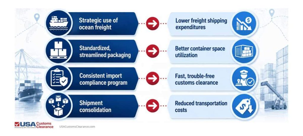 An infographic supporting the section with examples of optimized freight practices
Optimized Practice
Benefit to Importer
Strategic use of ocean freight
Lower freight shipping expenditures
Standardized, streamlined packaging
Better container space utilization
Consistent import compliance program
Fast, trouble-free customs clearance
Shipment consolidation
Reduced transportation costs