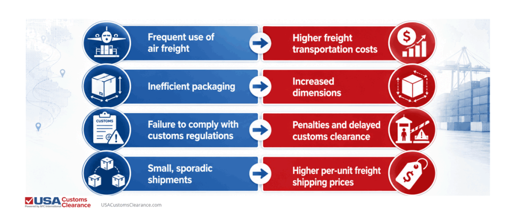 An infographic supporting the section title "How do these strategies reduce total landed cost" containing the following information:
Unoptimized Practice
Negative Result
Frequent use of air freight
Higher freight transportation costs
Inefficient packaging
Increased dimensions
Failure to comply with customs regulations
Penalties and delayed customs clearance
Small, sporadic shipments
Higher per-unit freight shipping prices